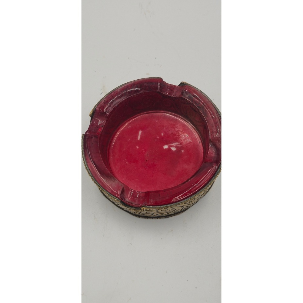 Vtg Mid Century Bohemian Ruby Red Glass Ashtray Gold Ornate Filigree Rim - Picture 7 of 8